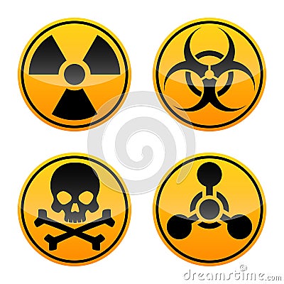Danger vector sign set. Radiation sign, Biohazard sign, Toxic sign, Chemical Weapons Sign. Vector Illustration