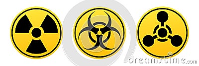 Danger vector signs. Radiation sign, Biohazard sign, Chemical Weapons Sign. Vector Illustration