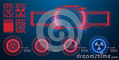 Danger warning circle red sign. Blue and red futuristic frame, radiation sign, toxic sign in modern HUD, GUI, UI style Vector Illustration