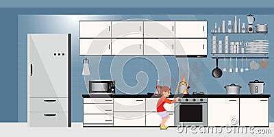 Dangerous accident with child playing in home kitchen Vector Illustration