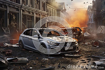 Dangerous accident in the city, Fire in the car Cartoon Illustration