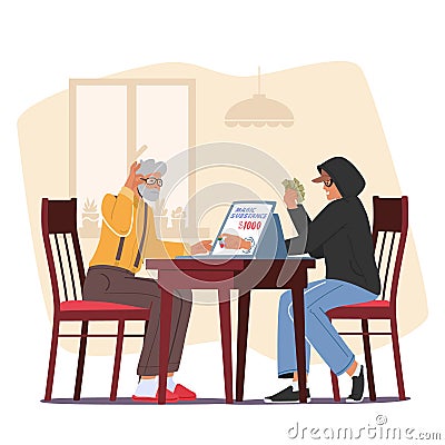 Dangerous Acquaintance Online Concept with Senior Male Character Buying Magic Substance in Internet Vector Illustration Vector Illustration