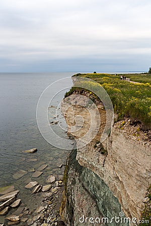 Dangerous cliff edge with the yellow flower meadow Stock Photo