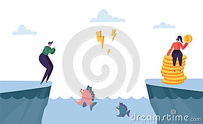 Dangerous Complicated Way to Money Profit. Woman Character Jump over Sea full of Angry Fish. Hard Way to Prosperity Vector Illustration