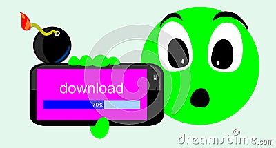 Dangerous download. Toxic discharge, danger. A bomb on the mobile phone and green doll. Stock Photo