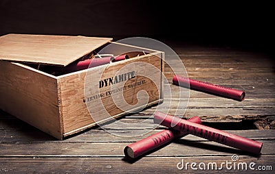 Dangerous dynamite sticks on wooden a box Stock Photo