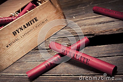 Dangerous dynamite sticks on wooden a box Stock Photo