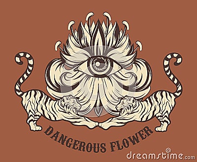 Dangerous flower. Vector hand drawn illustration of tigers and flower with human eye isolated Vector Illustration