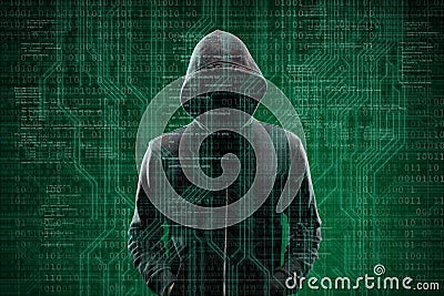 Dangerous hacker over abstract digital background with binary code. Obscured dark face in mask and hood. Data thief Stock Photo