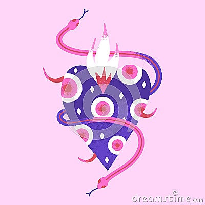 Dangerous heart. Creative Valentines Day card. Contemporary art. Mystical vector illustration in pink and purple colors Vector Illustration