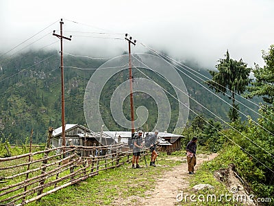 Dangerous high voltage line in Thamchok village - Nepal Editorial Stock Photo