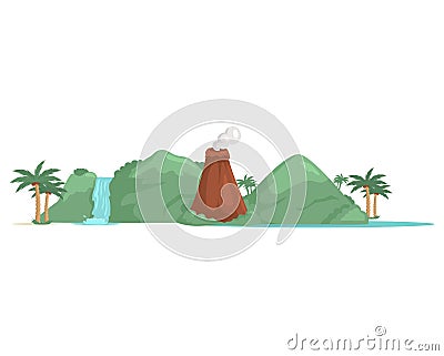 Dangerous island with awakened volcano, natural phenomenon, dormant volcano with smoke from crater. Stock Photo