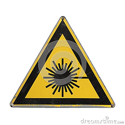 Dangerous laser radiation. Yellow triangle. Stock Photo