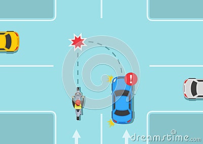Dangerous left turn in front of moving forward motorcycle. Car and motorcycle collision on crossroad. Vector Illustration