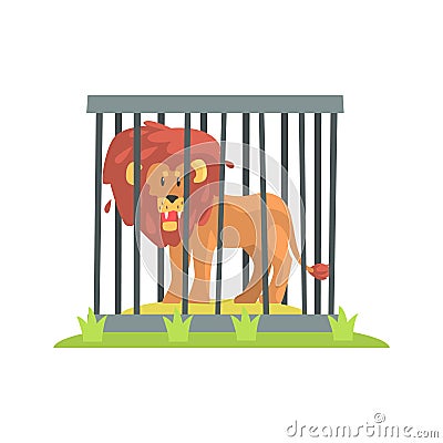 Dangerous Lion With Big Mane Standing Behind The Cage Bars In The Zoo Vector Illustration