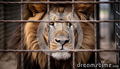 dangerous lion in the cage close up picture Stock Photo