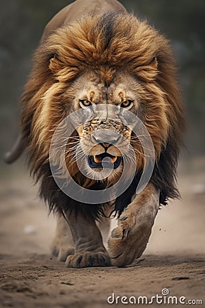 Dangerous lion male moving toward camera, created with generative AI Stock Photo