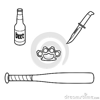 Dangerous objects - image of different objects, symbols of street violence. Bottle of beer, brass knuckles, knife, baseball bat. Vector Illustration