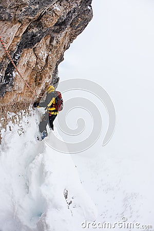 Dangerous pitch during an extreme winter climbing Stock Photo