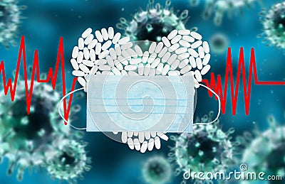 Dangerous respiratory Coronavirus. Outbreaking COVID-19. Pills and protective mask Stock Photo