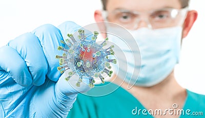 Dangerous respiratory 2019-ncov virus. Doctor in protective mask holding Coronavirus nCov. Outbreaking COVID-19 virus Stock Photo