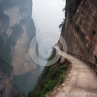 Dangerous road, path under a rock over a cliff, on the edge of an abyss, risk, danger Stock Photo