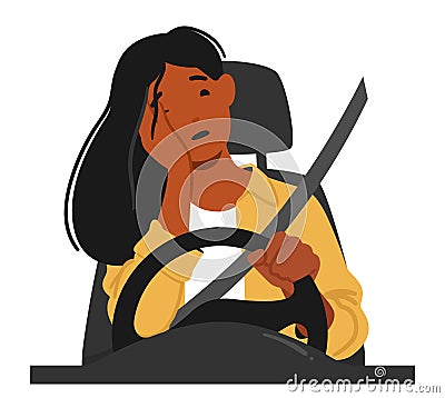 Dangerous Scenario, Woman Asleep While Driving, Risking Lives. Recklessness, Exhaustion, Pose Severe Threat On Road Vector Illustration