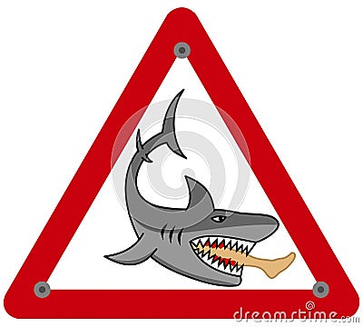 A dangerous shark eating a man`s leg in a danger sign Cartoon Illustration