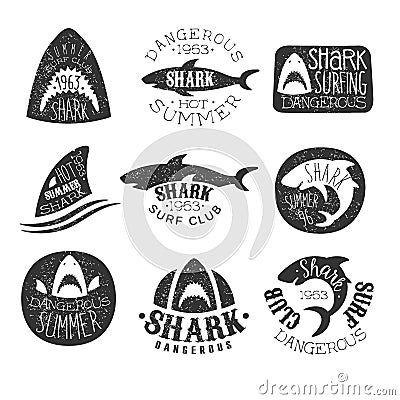 Dangerous Shark Surf Club Set Of And Prints Vector Illustration