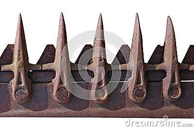 Dangerous sharp teeth of an old rusty agrotechnical mower Stock Photo