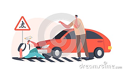 Dangerous Situation with Transport, Drunk Driver Victim. Car Hit Pedestrian on Road, Accident with Automobile and Person Vector Illustration