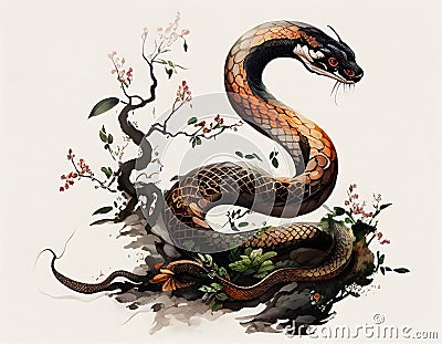 The dangerous snake, one of 12 chinese zodiac animal, painted in the way of chinese style. Stock Photo