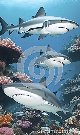 dangerous species in the ocean depths, sharks. Cartoon Illustration