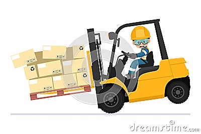 Dangers of driving a forklift. Industrial worker in an accident with boxes falling on the fork lift truck. Work accident in a Vector Illustration