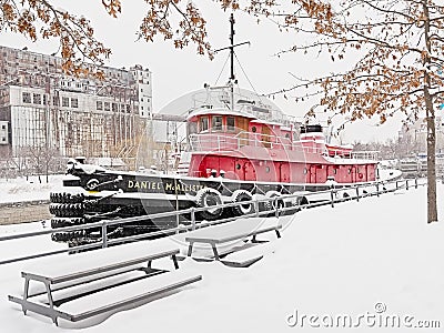 Daniel Mc Alister tugboat moored in Lachine canal on a cold winter day in Montreal Editorial Stock Photo