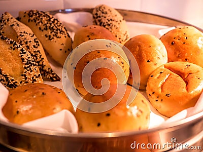 Danish breakfast buns in a tin, selective focus Stock Photo