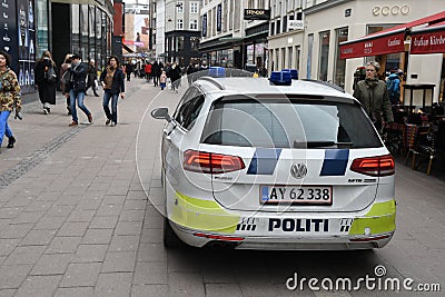 Danish police patrol city with police auto Editorial Stock Photo