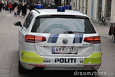 Danish police patrol city with police auto Editorial Stock Photo