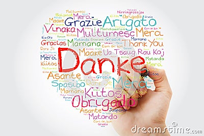 Danke Thank You in German Love Heart Word Cloud in different languages with marker Stock Photo