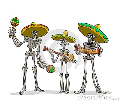 Danse Macabre. Mexican musicians. Vector Illustration