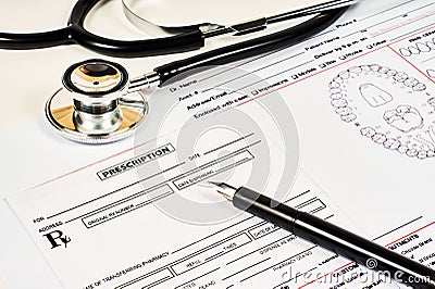 Dantist prescription order form and phonendoscope Stock Photo