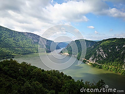 Danube canyon between Serbia and Romania - Kazan Gorge - Cazanele Dunarii. Stock Photo