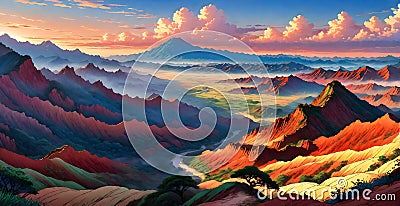 Danxia Landform, anime drawing style, line art. Stock Photo