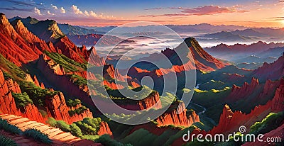 Danxia Landform, anime drawing style, line art. Stock Photo