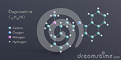 dapoxetine molecule 3d rendering, flat molecular structure with chemical formula and atoms color coding Stock Photo