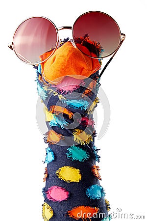 Dappled colorful sock puppet with sunglasses Stock Photo