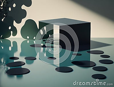 Dappled light creating a silhouetted landscape on a pool of liquid. Podium, empty showcase for packaging product Stock Photo