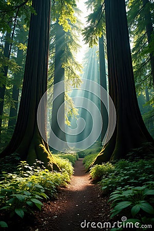 Dappled sunlight filters through towering redwood canopy, creating ethereal patterns on forest floor , high, brown, view Cartoon Illustration