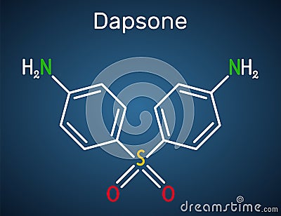 Dapsone, diaminodiphenyl sulfone, DDS molecule. It is sulfone antibiotic for the treatment of leprosy and dermatitis herpetiformis Vector Illustration