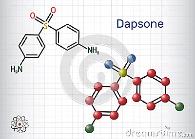 Dapsone, diaminodiphenyl sulfone, DDS molecule. It is sulfone antibiotic for the treatment of leprosy and dermatitis herpetiformis Vector Illustration